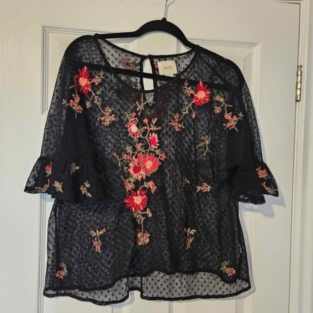 Maeve Black Sheer Top with Red Floral Embroidery
